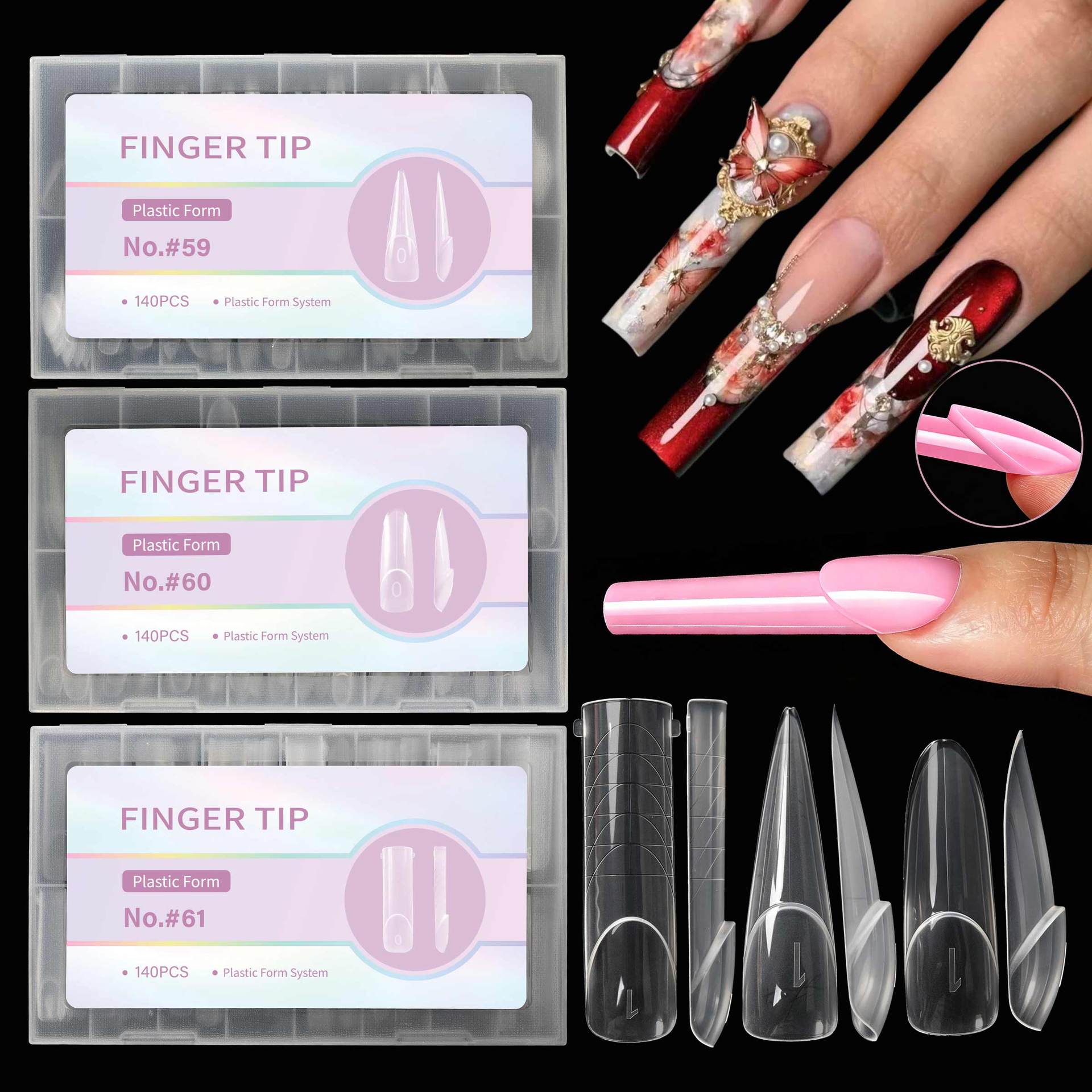Nail Art Denim - ปลายเล็บต่อแบบขอบเรียบ 140 ชิ้น, เล็บอะคริลิกลายยีนส์สีชมพู, ปลายเล็บปลอมแบบใสสำหรับทำเล็บเจล