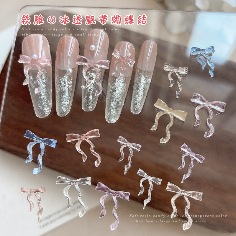 Nail Art Pink Soft - 30PCS Fairy Iceโปร่งใสสีชมพูสีฟ้ายาวริบบิ้นโบว์นุ่มแกะสลักเรซิ่นเล็บArt Rhinestonesตกแต่งเล็บเครื่องประดับ