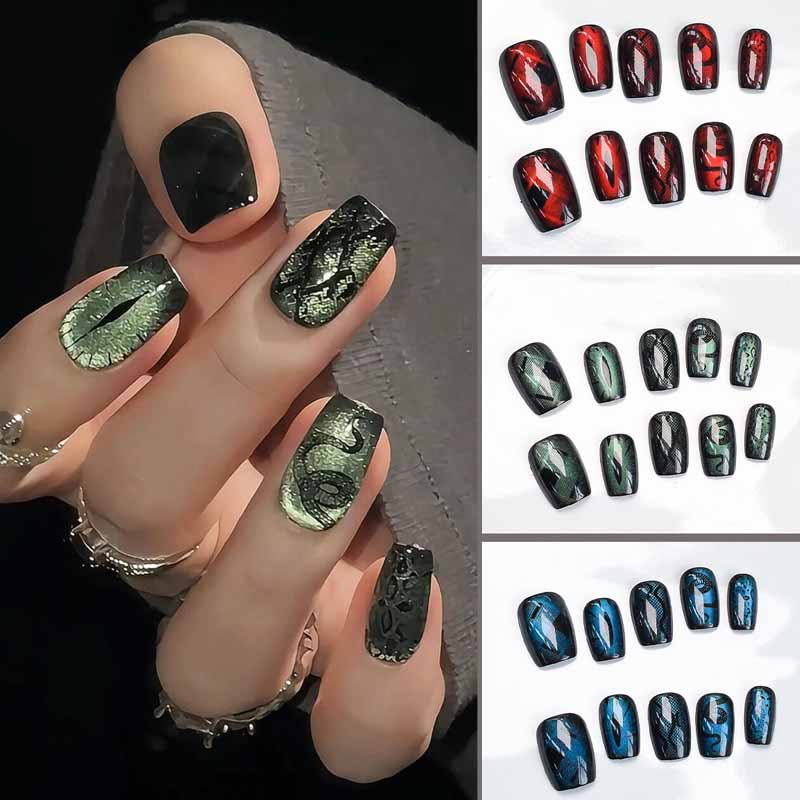 Nail Art Emerald Blue - เล็บปลอมแบบกดติด 10 ชิ้น สไตล์ดาร์ก โทนสีฟ้าเขียวมรกต แดงเบอร์กโดซ์