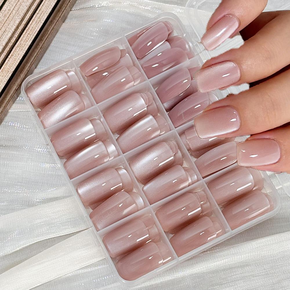 Nail Art Pink Cat Eye - เล็บปลอมแบบกดติด 144 ชิ้น สีชมพูนู้ดเงา ลายตาแมว ทรงเหลี่ยมมน