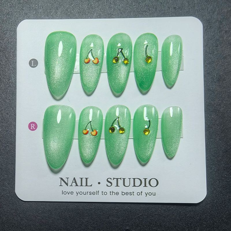 Nail Art Chrome - เล็บปลอมแบบกดติดลายอัลมอนด์แคทอาย 10 ชิ้น พร้อมผงกระจก ลายจุดเชอร์รี่โอปอล เล็บปลอมแม่เหล็กโครเมียม