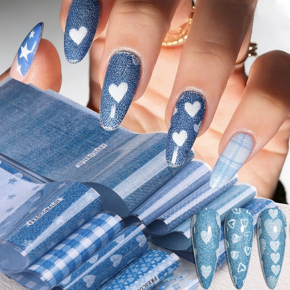 Nail Art Denim - กระดาษลายเล็บสไตล์เดนิมแบบแพทช์เวิร์ค ลายหัวใจและดาวสีฟ้า น่ารัก ดีไซน์เล็บลายเดนิม - ตกแต่งเล็บสไตล์