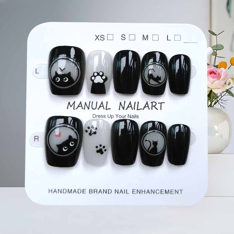 Nail Art Pink Cat Eye - เล็บปลอมลายการ์ตูนแมวน่ารักสีดำและโบว์สีชมพู 10 ชิ้น ทำมือ กดติดเล็บ หัวเหลี่ยม